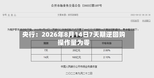 央行：2026年8月14日7天期逆回购操作量为零-第2张图片